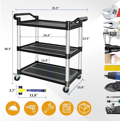 Plastic Utility Carts with Wheels, 3-Tier Restaurant Cart, Heavy Duty Rolling Cart Food Service Cart 420LBS, Bus, alternate