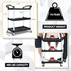 Plastic Utility Carts with Wheels, Heavy Duty 510lbs Capacity Rolling Service Cart, 3-Tier Restaurant Food Cart, alternate