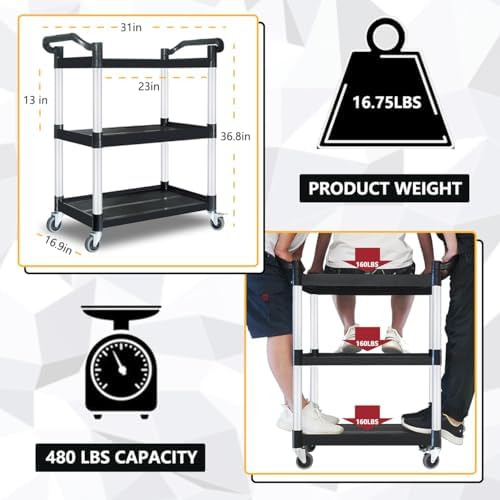 Plastic Utility Carts with Wheels, Heavy Duty 510lbs Capacity Rolling Service Cart, 3-Tier Restaurant Food Cart, alternate