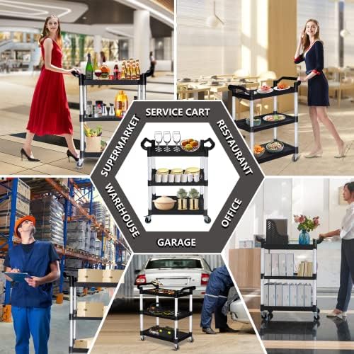 Plastic Utility Carts with Wheels, Heavy Duty 510lbs Capacity Rolling Service Cart, 3-Tier Restaurant Food Cart, alternate