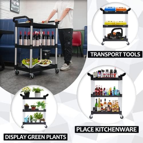 Plastic Utility Carts with Wheels, Heavy Duty 510lbs Capacity Rolling Service Cart, 3-Tier Restaurant Food Cart, alternate
