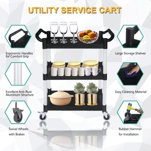 Plastic Utility Carts with Wheels, Heavy Duty 510lbs Capacity Rolling Service Cart, 3-Tier Restaurant Food Cart, alternate