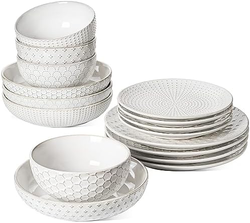 Plates and Bowls Sets for 4, 16 Piece Ceramic Dinnerware Sets with Pasta Bowls, Stoneware Kitchen Dishes Set