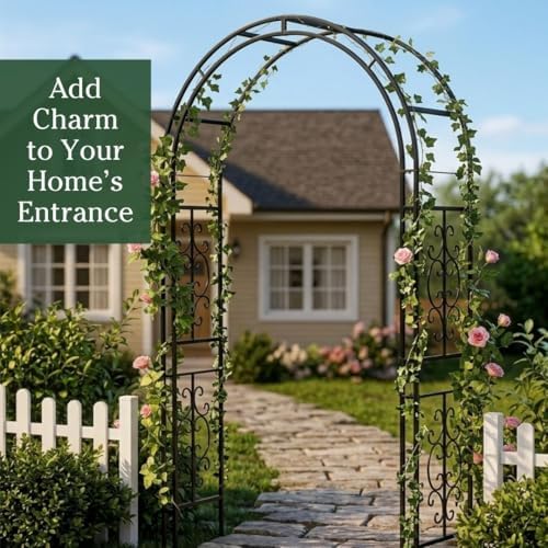 Plow & Hearth Arch Metal Outdoor Garden Arbor 7 Feet Tall Black Iron Trellis for Climbing Plants Outdoor, alternate view 5