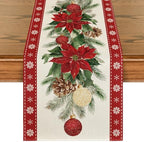 Poinsettia Christmas Table Runner Home Party Decor 13x36 Inch in 13" x 36", Table Runner in Red