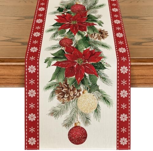 Poinsettia Christmas Table Runner Home Party Decor 13x36 Inch in 13" x 36", Table Runner in Red