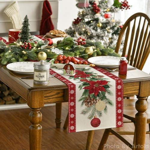 Poinsettia Christmas Table Runner Home Party Decor 13x36 Inch in 13" x 36", Table Runner in Red, alternate view 2