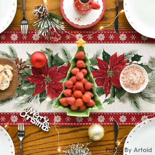 Poinsettia Christmas Table Runner Home Party Decor 13x60 Inch in 13" x 60", Table Runner in Red, alternate view 4