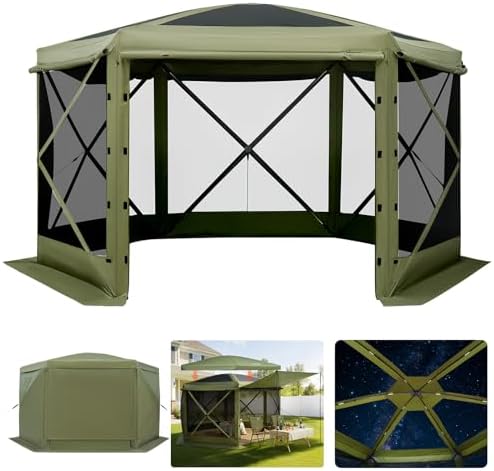 Pop up Gazebo Screen Tent, 10 x 10 ft Large 6-Sided Camping Canopy Tent with Removable Top & Carry Bag