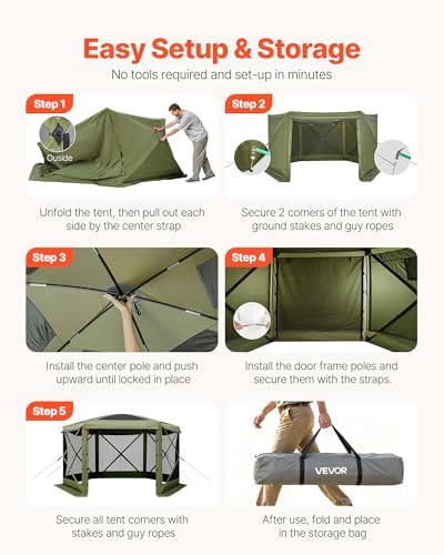 Pop up Gazebo Screen Tent, 10 x 10 ft Large 6-Sided Camping Canopy Tent with Removable Top & Carry Bag, alternate view 6