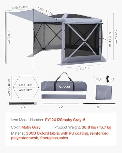 Pop up Gazebo Screen Tent, 12 x 12 ft Large 6-Sided Camping Canopy Tent with Removable Top & Carry Bag, alternate view 3
