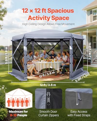 Pop up Gazebo Screen Tent, 12 x 12 ft Large 6-Sided Camping Canopy Tent with Removable Top & Carry Bag, alternate view 4