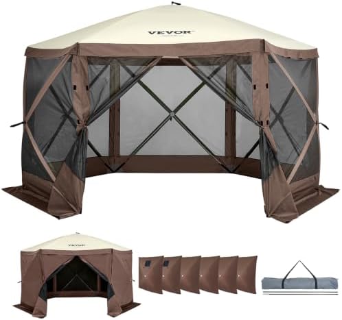Pop Up Gazebo Screen Tent 6 Sided Canopy Sun Shelter with 6 Removable Privacy Wind Cloths & Mesh Windows