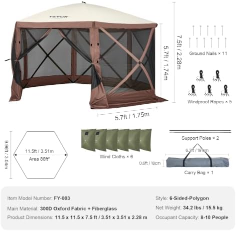 Pop Up Gazebo Screen Tent 6 Sided Canopy Sun Shelter with 6 Removable Privacy Wind Cloths & Mesh Windows, alternate view 3