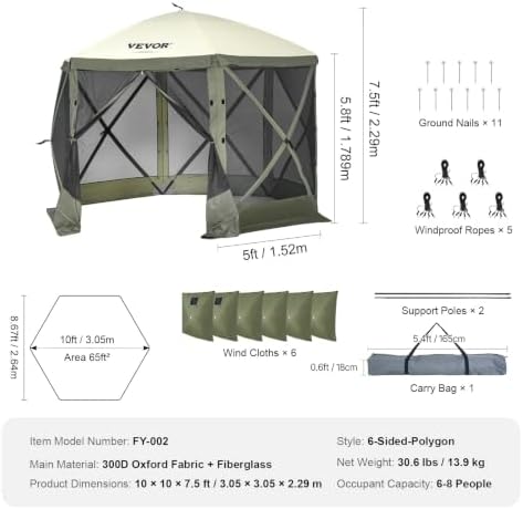 Pop Up Gazebo Screen Tent 6 Sided Canopy Sun Shelter with 6 Removable Privacy Wind Cloths & Mesh Windows, alternate view 3