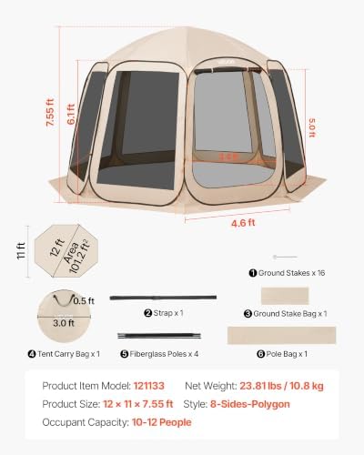 Pop up Screen House Tent, 12 x 11 ft, 10-12 Person Screen Gazebo, Portable Screened in Canopy with Carry Bag, alternate view