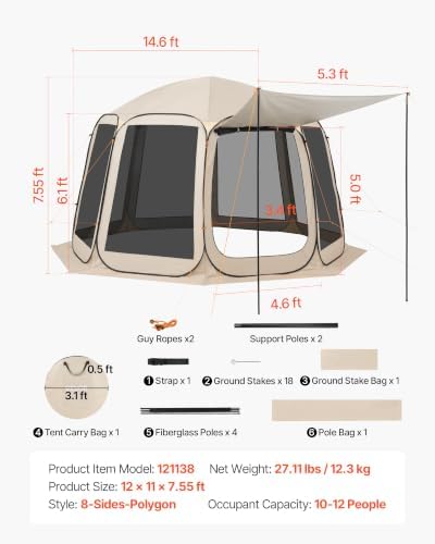 Pop up Screen House Tent, 12 x 11 ft, 10-12 Person Screen Gazebo with Extended Awning, Portable Screened in, alternate view 2