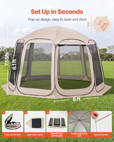 Pop up Screen House Tent, 12 x 11 ft, 10-12 Person Screen Gazebo with Extended Awning, Portable Screened in, alternate view 3
