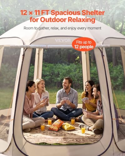 Pop up Screen House Tent, 12 x 11 ft, 10-12 Person Screen Gazebo with Extended Awning, Portable Screened in, alternate view 4