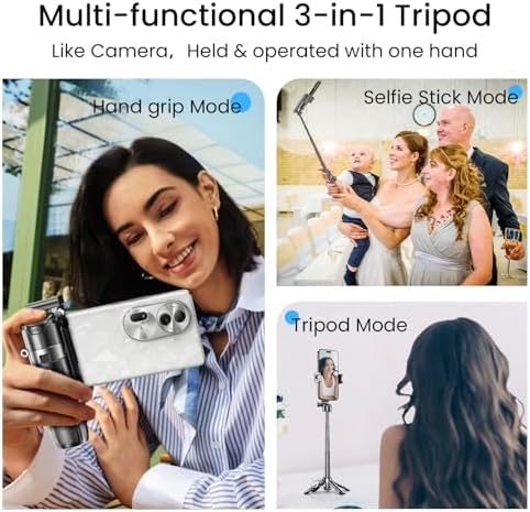 Portable 3-in-1 Selfie Stick Tripod Grip with 2 Cold Shoe Mounts - Compact Extendable Phone Holder & Bluetooth, alternate