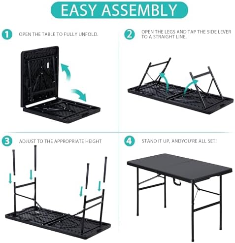Portable 4 Foot Plastic Folding Table, Indoor Outdoor Heavy Duty Fold-in-Half Picnic Party Camping Barbecues, alternate view
