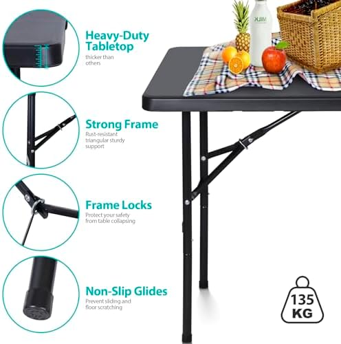 Portable 4 Foot Plastic Folding Table, Indoor Outdoor Heavy Duty Fold-in-Half Picnic Party Camping Barbecues, alternate view
