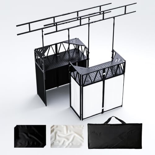 Portable DJ Booth, Foldable DJ Table Stand with Light Stand White & Black Scrim, Adjustable DJ Facade Booth