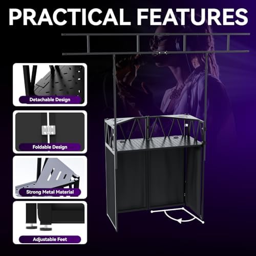 Portable DJ Booth, Foldable DJ Table Stand with Light Stand White & Black Scrim, Adjustable DJ Facade Booth, alternate view 2
