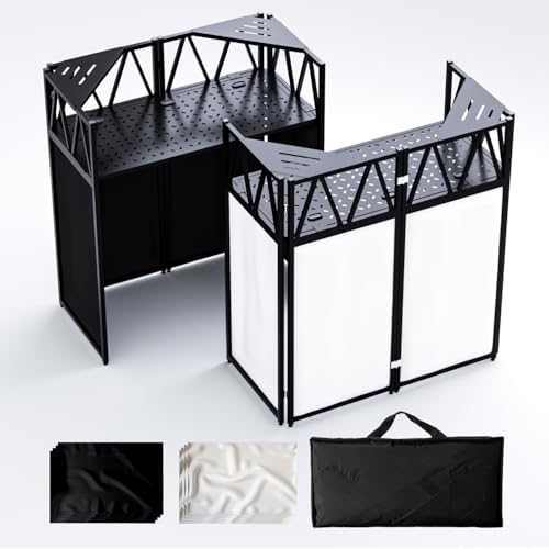 Portable DJ Booth Stand, 40" x 20" x 45" Foldable DJ Table with 8-Piece Black & White Lycra Scrim Facade, 200lbs