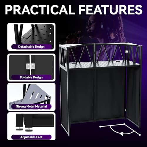 Portable DJ Booth Stand, 40" x 20" x 45" Foldable DJ Table with 8-Piece Black & White Lycra Scrim Facade, 200lbs, alternate