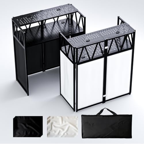 Portable DJ Booth T able, Foldable DJ Table Stand Portable with White & Black Scrim, Adjustable DJ Facade Booth
