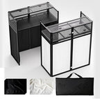 Portable DJ Booth Table, Foldable DJ Table Stand with White & Black Scrim, Adjustable D J Facade Station Metal