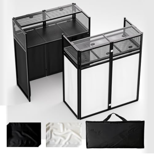 Portable DJ Booth Table, Foldable DJ Table Stand with White & Black Scrim, Adjustable D J Facade Station Metal
