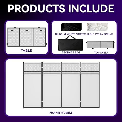 Portable DJ Booth Table, Foldable DJ Table Stand with White & Black Scrim, Adjustable D J Facade Station Metal, alternate