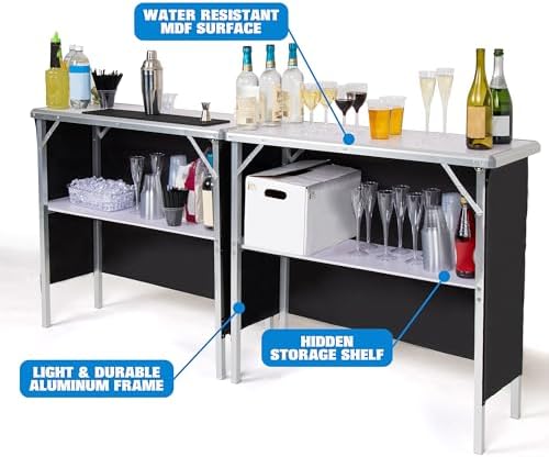 Portable Double Bar Table Set - Mobile Bartender Station for Events - Includes Carrying Case - Standard or LED, alternate