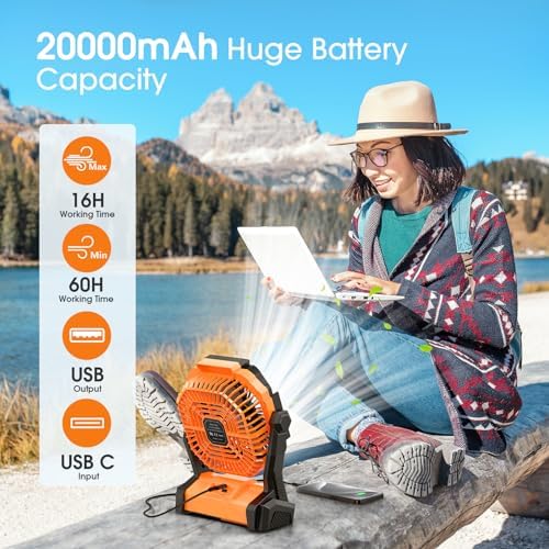 Portable Fan Rechargeable 20000mAh Cordless Battery Powered Camping Fan, alternate view 2