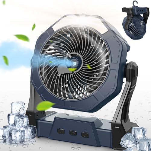 Portable Misting Fan, Outdoor Rechargeable Fan, LED Light, Hook, 35H