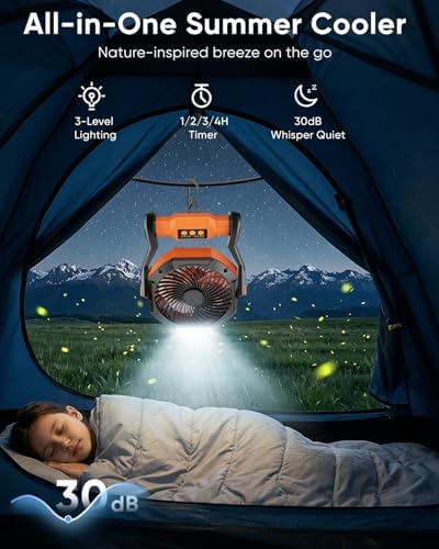 Portable Rechargeable Fan, 20000mAh Battery Powered Camping Fan with LED Light & Hook, 270° Adjustable, 4-Speed, alternate
