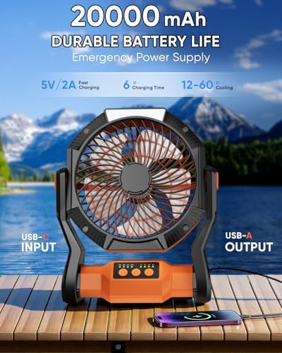 Portable Rechargeable Fan, 20000mAh Battery Powered Camping Fan with LED Light & Hook, 270° Adjustable, 4-Speed, alternate