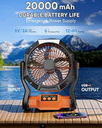 Portable Rechargeable Fan, 20000mAh Battery Powered Camping Fan with LED Light & Hook, 270° Adjustable, 4-Speed, alternate