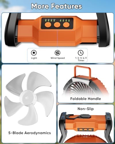 Portable Rechargeable Fan, 20000mAh Battery Powered Camping Fan with LED Light & Hook, 270° Adjustable, 4-Speed, alternate