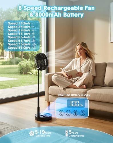 Portable Rechargeable Oscillating Travel Fan - 8" 8000mah Battery Operated, alternate view 4