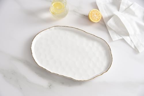 Portofino Medium Oval Platter, 14.25" x 9" x 1" in 14.25 x 9 in White With Gold Rim, alternate view 2