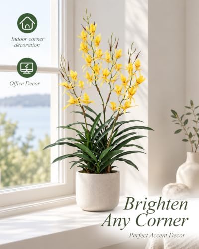 Potted Fake Orchid, Bright Yellow 29.5" Artificial Dendrobium, Fake Flowers with Matching Orchid Pot for, alternate view 5