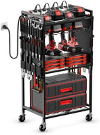 Power Tool Organizer Cart with Charging Station, 10 FT Cord, Black in Black