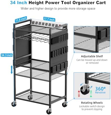 Power Tool Organizer Cart with Charging Station, 10 FT Cord, Black in Black, alternate view 2