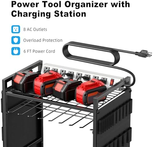 Power Tool Organizer Cart with Charging Station, 10 FT Cord, Black in Black, alternate view 3