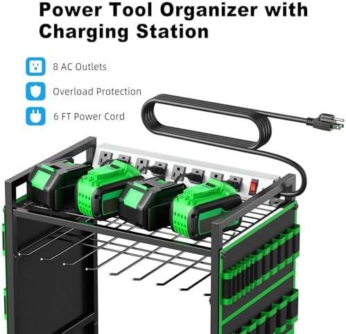 Power Tool Organizer Cart with Charging Station, 6 FT Cord, Green in Green, alternate view 3