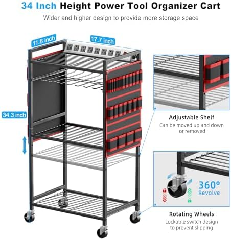 Power Tool Organizer Cart with Charging Station, 6 FT Cord, Red in Red, alternate view 2