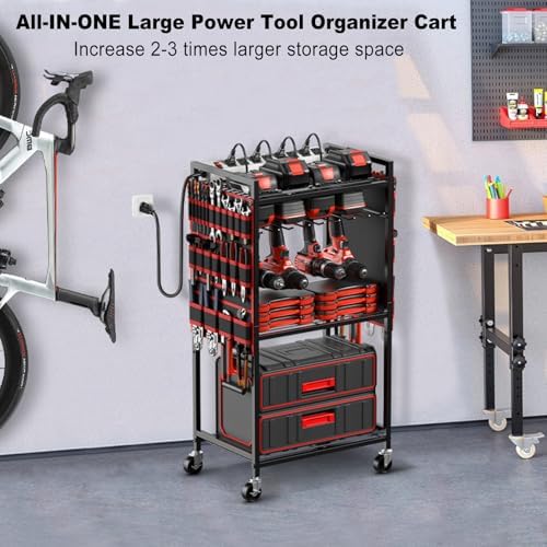Power Tool Organizer Cart with Charging Station, 6 FT Cord, Red in Red, alternate view 6